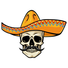 Mexican Skull Sombrero Día de Los Muertos Cartoon Drawing Illustration