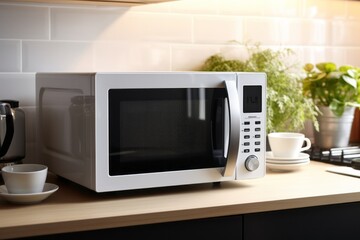 Modern white and black microwave in house kitchen