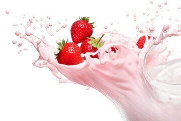 Sticker - Milk or yogurt splash with strawberries isolated on white background, 3d rendering isolated PNG