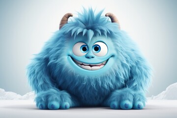 Wall Mural - Cute blue furry monster 3D cartoon character.