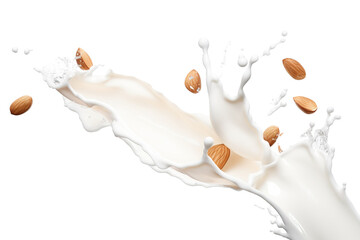 Wall Mural - Milk splash with almonds isolated on transparent or white background PNG