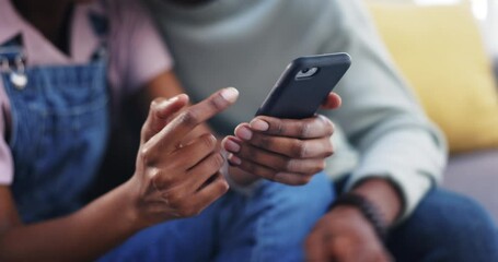 Canvas Print - Phone, search or hands of couple on social media for communication, website or internet connection. People, ecommerce or closeup of woman with a man online to post or scroll on mobile app at home