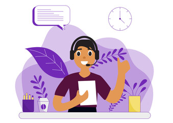 Flat illustration of Customer support operator service boy. Customer Support concept.
