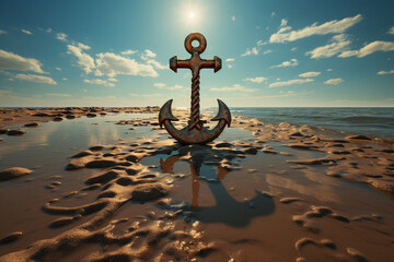 Aufkleber - An anchor resting on a sun-soaked beach, casting a long shadow as the waves gently caress the shore. Digital Art Generative AI technology.