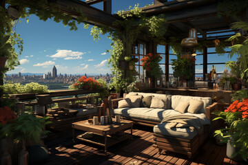 Aufkleber - An artistic portrayal of a rooftop deck adorned with comfortable seating and lush plants, creating a private urban retreat. Generative AI technology.