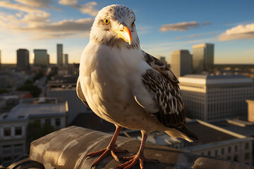 Poster - An image of a gull perched on a city rooftop, showcasing its adaptability to urban environments and its observant nature.  Generative AI technology.