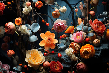 Poster - A snapshot of a diverse array of plants and flowers in a hanging garden, showcasing a vibrant tapestry of colors and textures.  Generative AI technology.