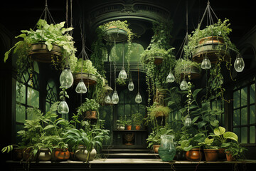 Poster - A photograph capturing a multilevel hanging garden with various plants, flowers, and vines creating a stunning vertical display.  Generative AI technology.