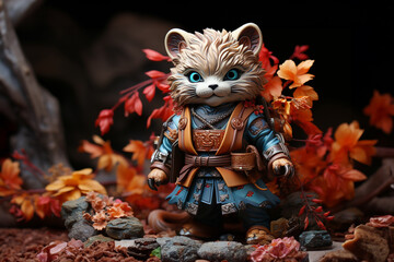 Aufkleber - Sculpture cute adorable Lion samurai, on a colorful landscape background.  Generative AI technology.
