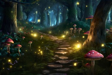 Wall Mural - background fairy wood with a single path, zoom on a small portion of the path and add trees, moss, fireflies and mushrooms as additional decorations. AI Generative