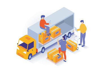 Aufkleber - Transportation and logistics concept in 3d isometric design. People carrying boxes by forklifts and loading parcel in truck, work at warehouse. Vector illustration with isometry scene for web graphic
