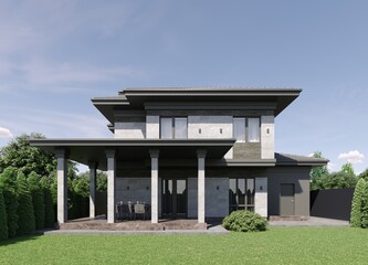 Wall Mural - 3D visualization of a modern house. Brick facade. Porcelain tiles on the facade. Panoramic windows.