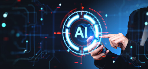 Poster - Woman hands touching smartphone, AI hologram and machine learning