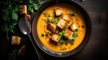 Top View Of A Hot Bowl Of Creamy Butternut Squash Soup Garnished With Fresh Herbs And Croutons