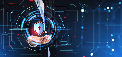 Poster - Man hand showing data protection shield hologram icon
