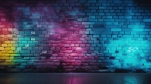 Black Brick Wall Background Rough Concrete With Neon Lights And Glowing Lights.