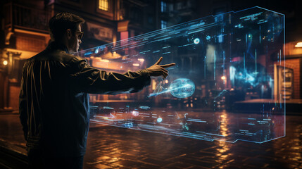 Wall Mural - male hand touching in digital interface. generative ai