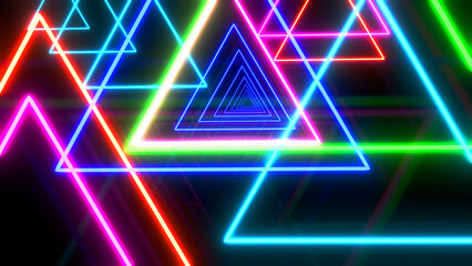 Abstract background multicolored triangles, neon glow colors.