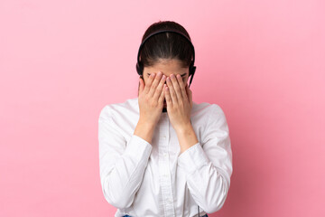 Poster - Young telemarketer over isolated background with tired and sick expression