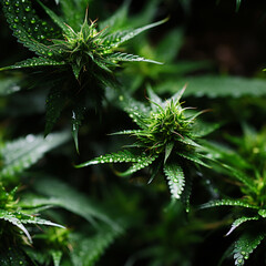 Poster - A macro image of cannabis leaves with visible trichomes and bright green hues Pattern for tiles. Generative AI technology.