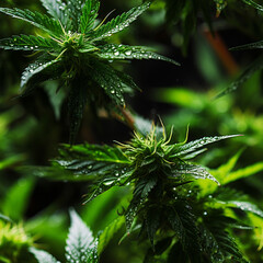 Leinwandbilder - A macro image of cannabis leaves with visible trichomes and bright green hues Pattern for tiles. Generative AI technology.