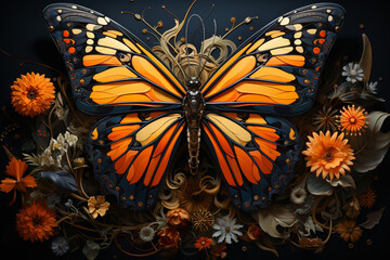 Poster - A monarch butterfly resting on a flower, its wings displaying a symmetrical pattern of black lines and orange hues. Painted Generative AI technology.