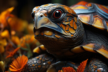 Poster - A close-up of a tortoise's shell, displaying its intricate patterns and textures. Painted  Generative AI technology.
