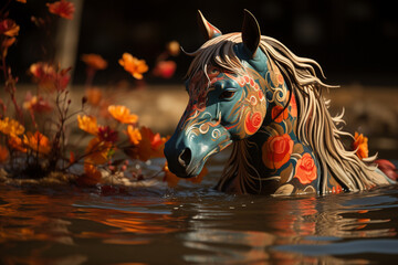 Aufkleber - An image of a horse gracefully posing in a studio, showcasing its beauty and elegance in a portrait-style setting.  Generative AI technology.