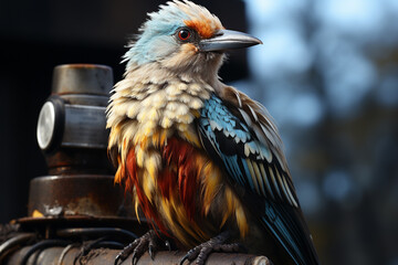 Aufkleber - A close-up photograph of an electrical pole with a bird perched on top, capturing the juxtaposition of technology and wildlife.  Generative AI technology.