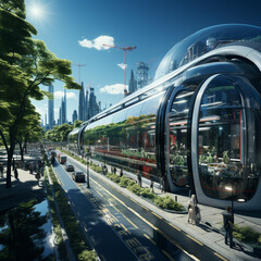 Poster - A futuristic urban landscape with sleek generator booths integrated seamlessly into the cityscape, emphasizing sustainable power solutions.  Generative AI technology.