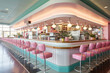 Craft a retro-chic diner with pastel-colored Formica countertops, vinyl-upholstered booths, and jukeboxes, capturing the nostalgic charm of the 60s.