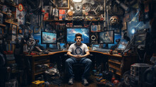 The gamer surrounded by gaming memorabilia, showcasing their passion for the hobby 