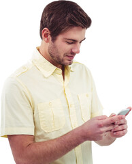 Sticker - Digital png photo of caucasian man using smartphone on transparent background