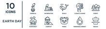 Earth Day Outline Icon Set Such As Thin Line Chemical, Whale, Forest, Compost, Renewable Energy, Reduce, Rainforest Icons For Report, Presentation, Diagram, Web Design