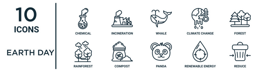 earth day outline icon set such as thin line chemical, whale, forest, compost, renewable energy, reduce, rainforest icons for report, presentation, diagram, web design