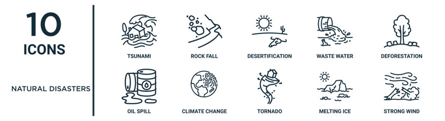 natural disasters outline icon set such as thin line tsunami, desertification, deforestation, climate change, melting ice, strong wind, oil spill icons for report, presentation, diagram, web design
