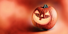 Illustrazione Con Zucca Decorativa Intagliata E Illuminata Per La Festa Di Halloween, Sfondo Di Luce Diffusa