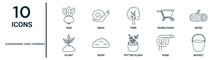 Gardening And Farming Outline Icon Set Such As Thin Line Yam, Tree, Wood, Bush, Hose, Bucket, Plant Icons For Report, Presentation, Diagram, Web Design