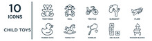 Child Toys Outline Icon Set Such As Thin Line Teddy Bear, Tricycle, Plane, Horse Toy, Abc Block, Wooden Blocks, Rubber Duck Icons For Report, Presentation, Diagram, Web Design