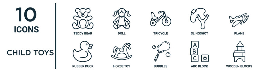 child toys outline icon set such as thin line teddy bear, tricycle, plane, horse toy, abc block, wooden blocks, rubber duck icons for report, presentation, diagram, web design