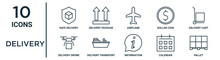 Delivery Outline Icon Set Such As Thin Line Safe Delivery, Airplane, Delivery Cart, Transport, Calendar, Pallet, Drone Icons For Report, Presentation, Diagram, Web Design