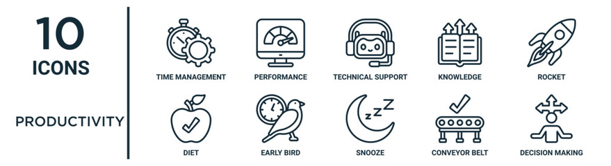 productivity outline icon set such as thin line time management, technical support, rocket, early bird, conveyor belt, decision making, diet icons for report, presentation, diagram, web design