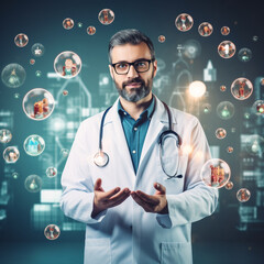 Wall Mural - Male medicine doctor hold healthcare medical icons for the Health insurance concept in hospital background With generate Ai