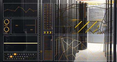 Poster - Image of graph, loading circles and bars, lines, navigation pattern over server room