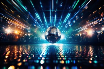 Poster - silver disco ball with colored lights. club party.