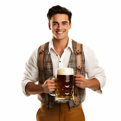 Wall Mural - German man wearing lederhosen, and holding a large mug of golden beer with white foam. Oktoberfest or bier fest theme. Isolated on white background with copy space.