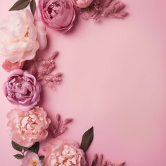 Beautiful Peonies, roses on pink background with copy space. Generative AI image weber.