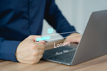 Poster - Adult man using a laptop computer for download and update software and waiting to loading digital file data form website, very slow internet form wifi. Concept of waiting for load of loading symbol.