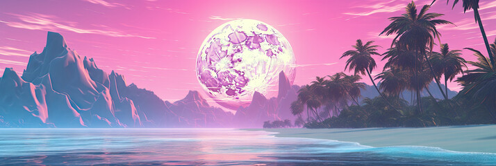 Wall Mural - retro vaporwave design of sunset in the mountains