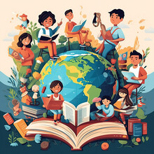 Literacy Day With People Celebrate Literacy Day By Reading Books On The Earth. Flat Vector Illustration. Illustration Vector Isolated On White Background. Generative By AI.